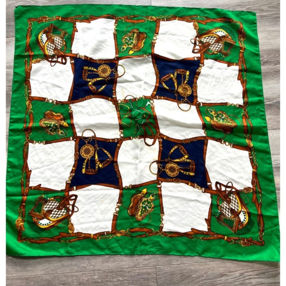 Vintage Made in Italy Equestrian Scarf Green Navy White‎ Horse Saddle RN 59478